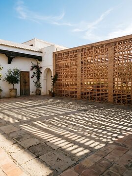 Terracotta Brick Perforated Screen Wall With Geometric Shadows