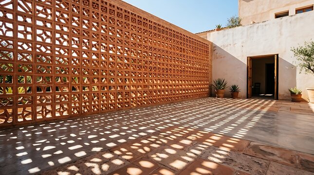 Terracotta Brick Perforated Screen Wall With Geometric Shadows