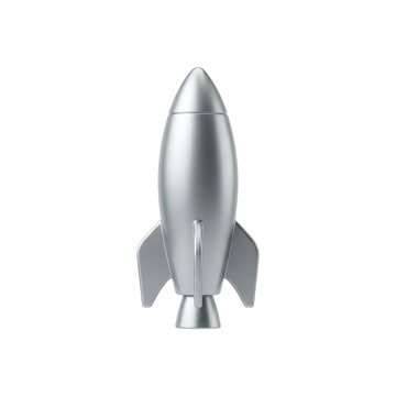 Modern silver rocket ship flying through clear sky