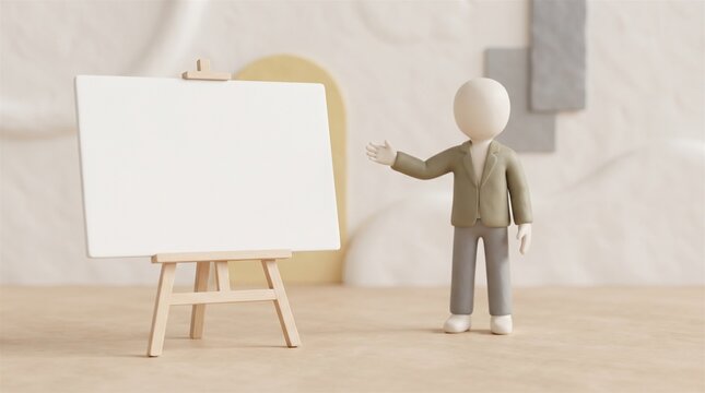 3D character wearing a blazer pointing at a blank white canvas on a wooden easel