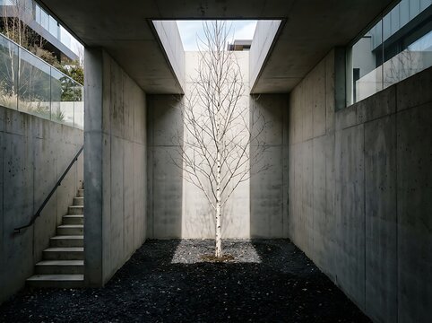 Sunken Concrete Courtyard With Birch Tree and Subterranean Light Well