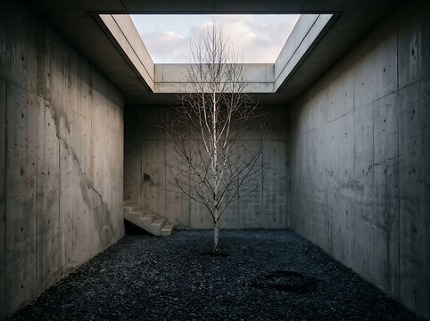 Sunken Concrete Courtyard With Birch Tree and Subterranean Light Well