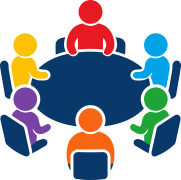 Business meeting logo with colorful team silhouettes around conference table vector.
