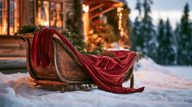 Santa Claus's sleigh outside a house covered in snow