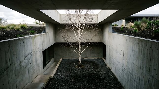 Sunken Concrete Courtyard With Birch Tree and Subterranean Light Well