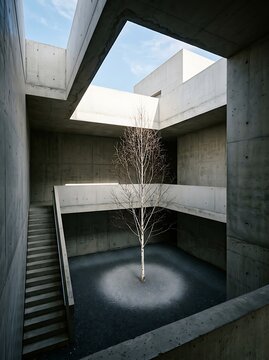 Sunken Concrete Courtyard With Birch Tree and Subterranean Light Well