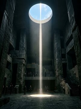 Monolithic Dark Basalt Atrium With Circular Oculus and Sunlight Beam