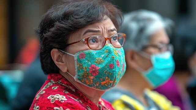 Asian mature woman wearing floral mask, expressive eyes, indoor gathering. HMPV, Human metapneumovirus
