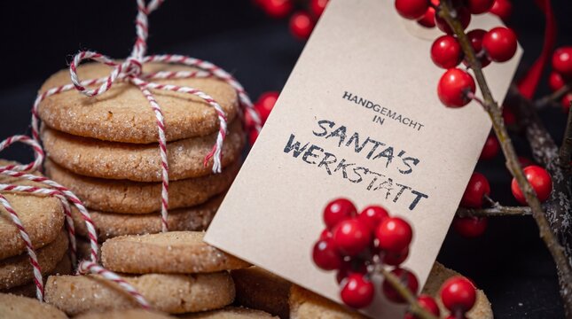 A stack of homemade Christmas sugar cookies tied with bakers twine, accompanied by a gift tag reading Handgemacht in Santa's Werkstatt and holly berries.