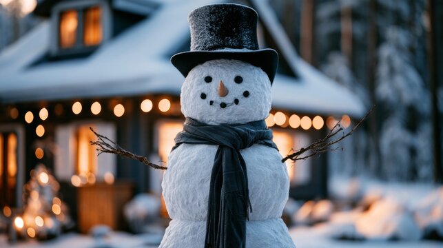 Snowman wearing a hat outside a snow-covered house.