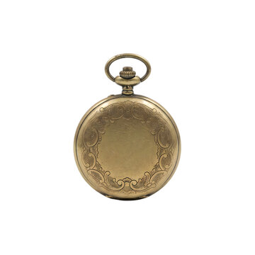 Vintage gold pocket watch with ornate design and chain