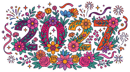Fototapeta premium 2027 floral lettering composition with colorful blooming flowers and leaves for seasonal greeting cards.