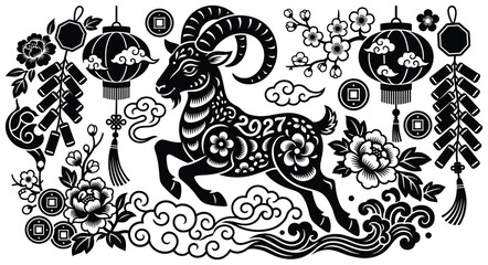 Fototapeta premium Chinese new year 2027 year of the goat paper cut style illustration.