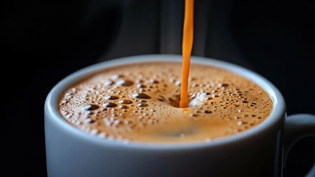 Close-up of rich coffee being poured into a white mug