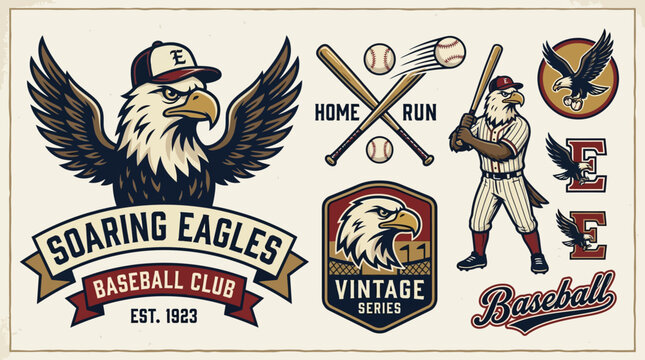 Vintage Baseball Team Emblem Collection With Majestic Eagles And Sports Elements