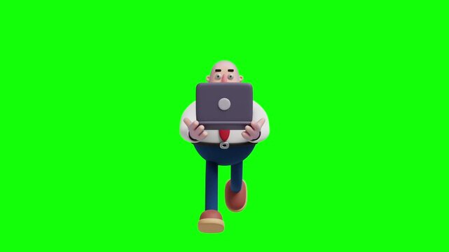 A 3D cartoon-style businessman is running while holding a laptop in front of him, seen from a front view (front view)