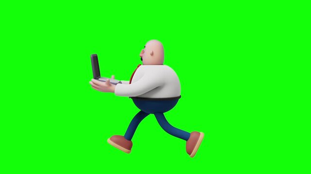 A 3D cartoon-style businessman is running while holding an open laptop, viewed from the side (side view)