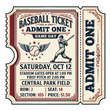 Vintage Baseball Game Day Ticket Admit One Graphic Design