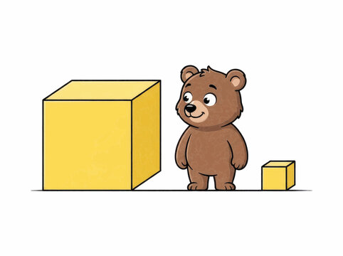 Cute brown cartoon bear character standing next to a large yellow cube and a small yellow cube comparing sizes for early childhood education