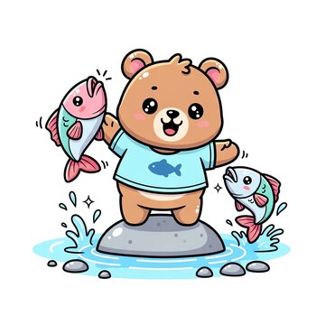 Cute cartoon bear holding fish on a rock in water.