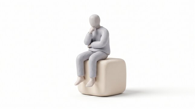 Grey figurine sitting on a beige clay cube isolated on a white background