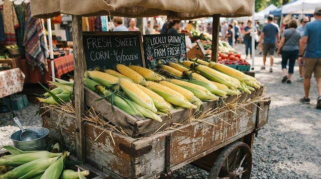 Fresh sweet corn cobs displayed on a rustic wooden cart at a local outdoor farmers market