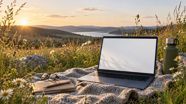 Blank Screen Laptop Mockup in Wildflower Meadow at Sunset
