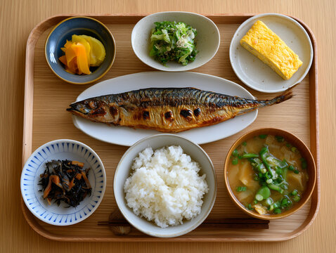 Traditional japanese breakfast set with grilled fish and miso soup
