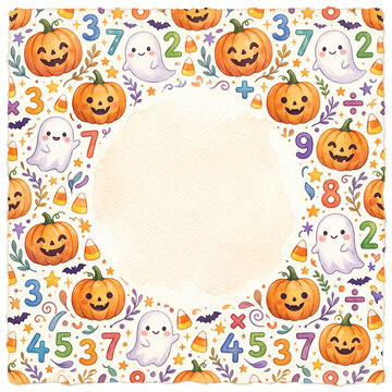Cute Halloween Math Frame Watercolor Illustration Pumpkins Cute Ghosts Numbers Border Template Stock Illustration