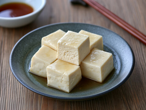 Tofu cubes serving with soy sauce and chopsticks