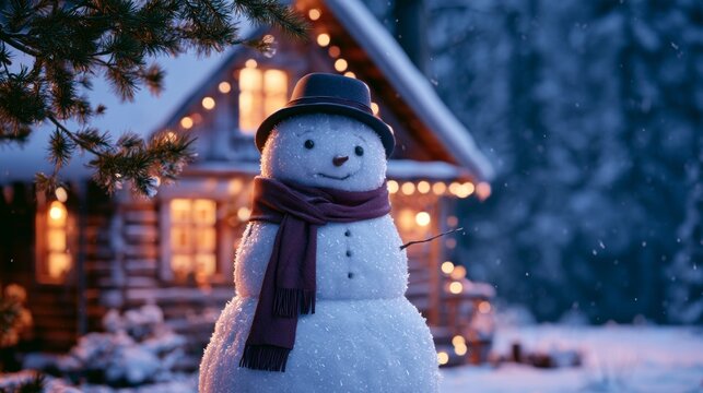Snowman wearing a hat outside a snow-covered house.