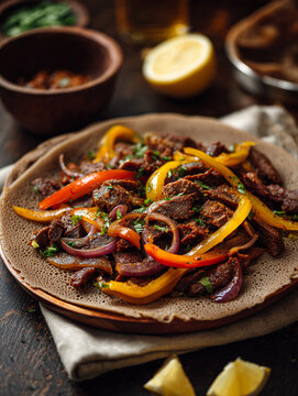 Ethiopian beef tibs and injera with bell peppers