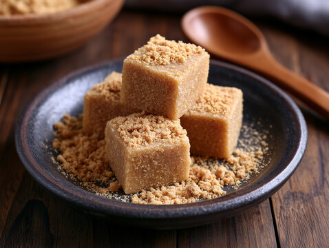 Kinako mochi cubes dessert on wooden table