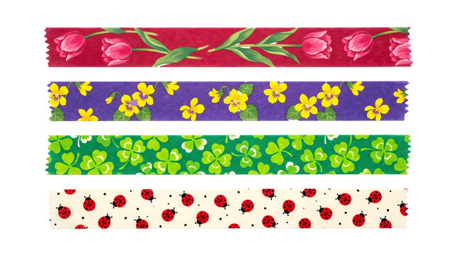 Four vibrant paper washi tape strips with bright red tulips yellow flowers clover and ladybug patterns isolated element on transparent background