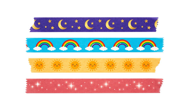 Four vibrant colorful paper washi tape strips with celestial moon rainbow sun and sparkle patterns isolated element on transparent background