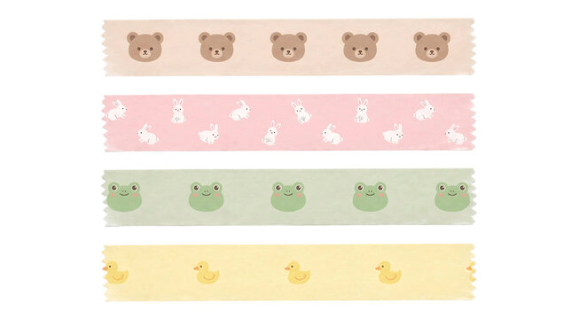 Four pastel decorative paper washi tape strips with cute animal face patterns isolated element on transparent background