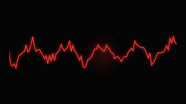 Red audio waveform pulsing and reacting to sound rhythm on a dark background showing digital music frequency visualization for multimedia production and club events