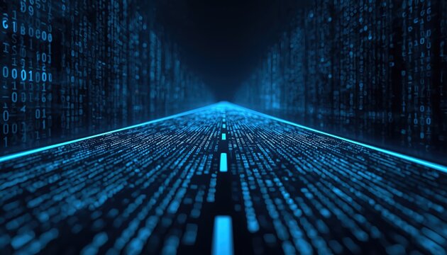 Streaming data and binary code flowing along a futuristic digital road, representing artificial intelligence, AI technology, machine learning, and digital transformation in a 3D illustration.