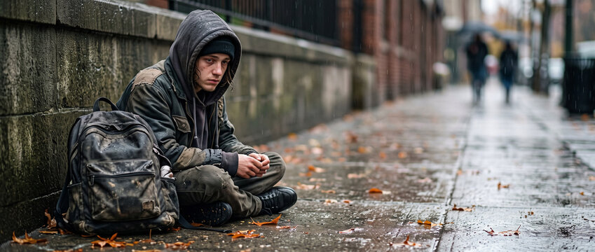 Homeless young man sitting on rainy sidewalk with old backpack. Teenager in worn hooded clothing on wet city street with autumn leaves.