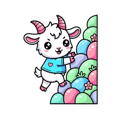 Fototapeta premium Cute Cartoon Goat Climbing Colorful Easter Eggs.