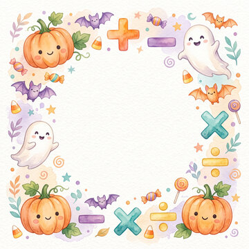 Cute Halloween Math Frame Watercolor Illustration Cute Ghosts Pumpkins Bats Math Symbols Border Stock Illustration