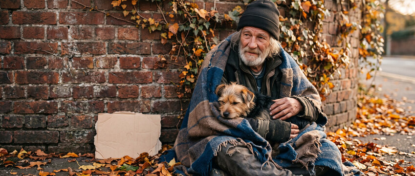 Elderly homeless man wrapped in blanket holding small dog while sitting near brick wall with cardboard sign. Autumn street scene with fallen leaves and worn clothing.