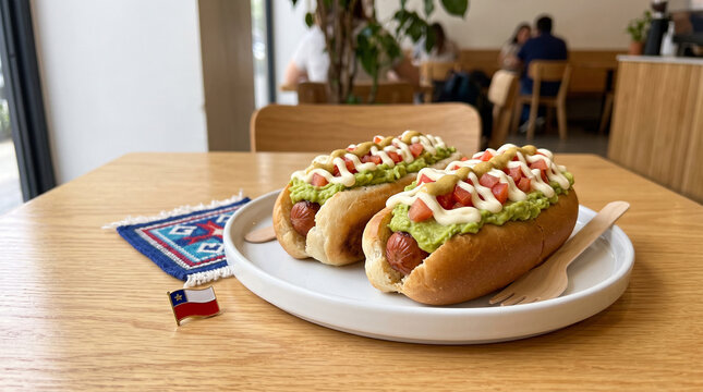 Chilean Completo Hot Dog in a Casual Dining Setting, Traditional Street Food