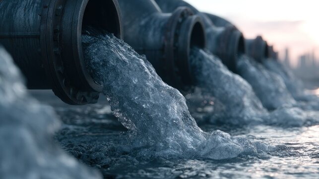 Industrial pipes discharging water into the ocean at sunset urban background