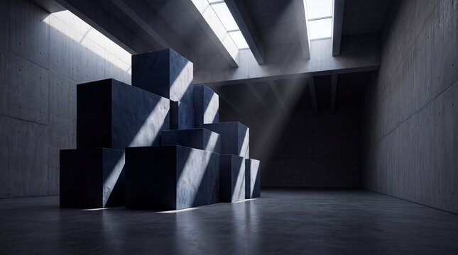 Stacked Geometric Blocks with Sunbeams in Modern Concrete Interior