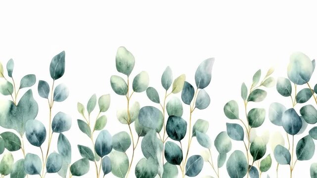 Watercolor eucalyptus leaves pattern on white background with green hues