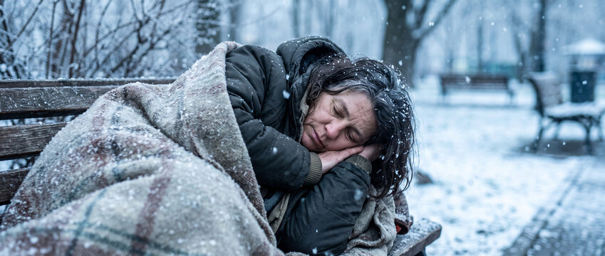Homeless woman sleeping on park bench under blanket during snowfall. Senior person suffering from cold and poverty in winter city.