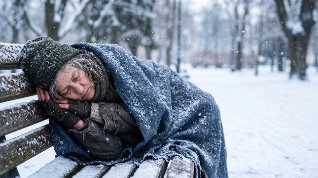Homeless woman sleeping on snowy park bench wrapped in worn blanket. Elderly homeless person in knit hat and gloves resting in winter city park during snowfall.