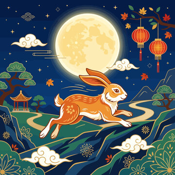 Traditional Asian Festival Night Scene With Running Rabbit And Full Moon