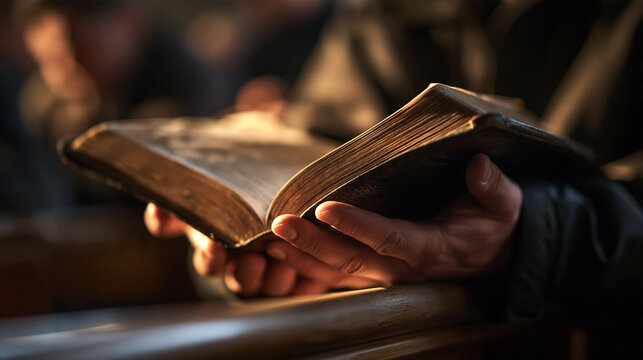 Hands Holding Open Holy Bible During Church Service